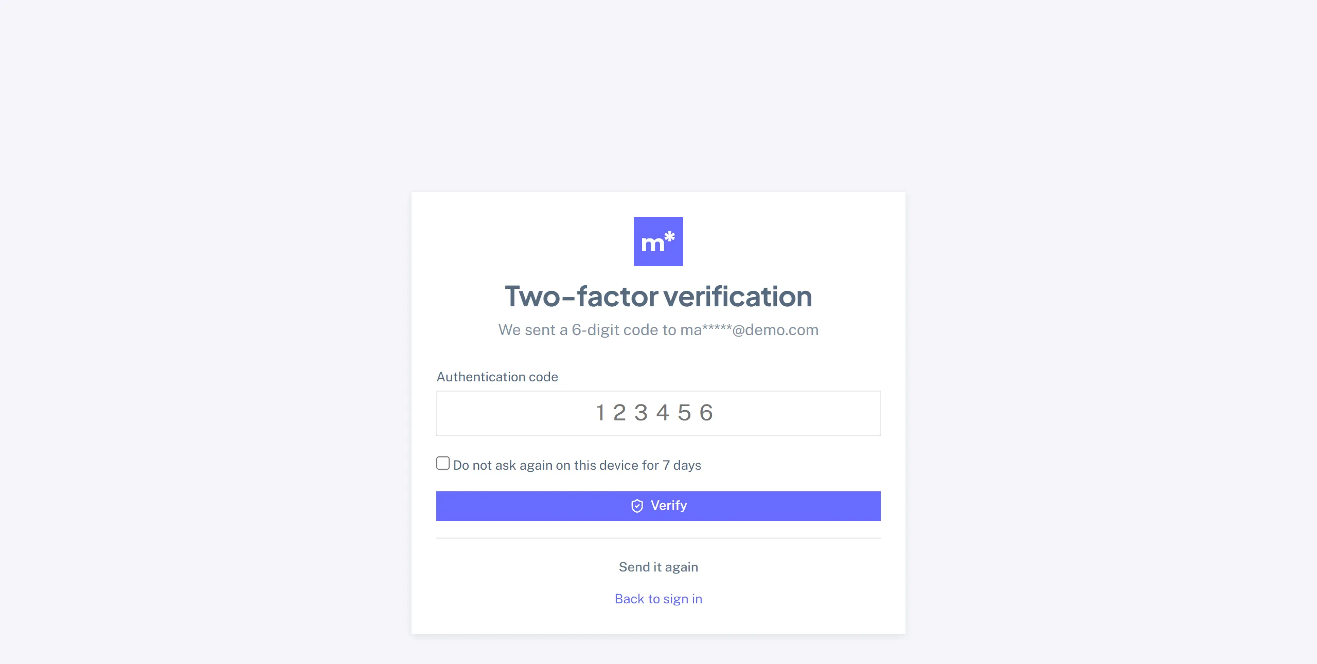 The two-factor verification screen showing a partly masked destination address, a 6-digit code box, a do not ask again for 7 days checkbox, Verify, and Send it again