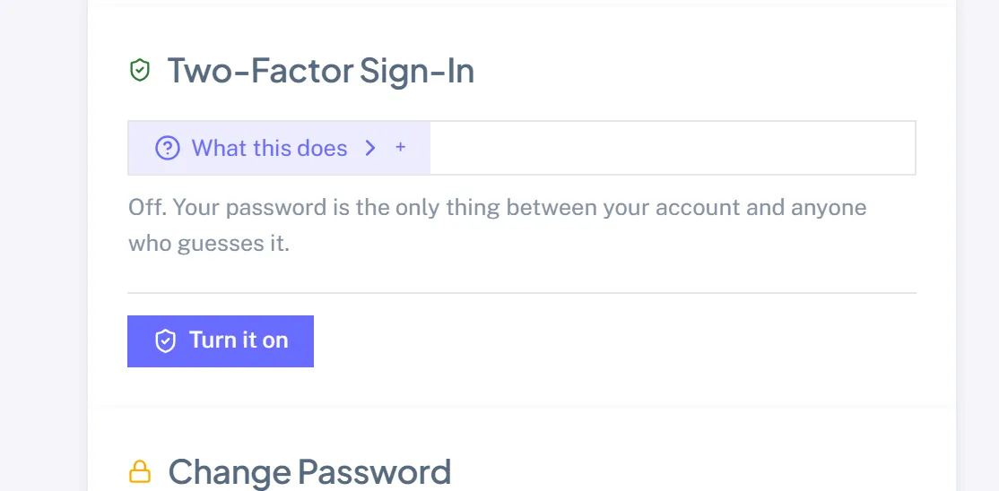 The Two-Factor Sign-In card on the profile page in its off state, with a line saying the password is the only protection and a Turn it on button