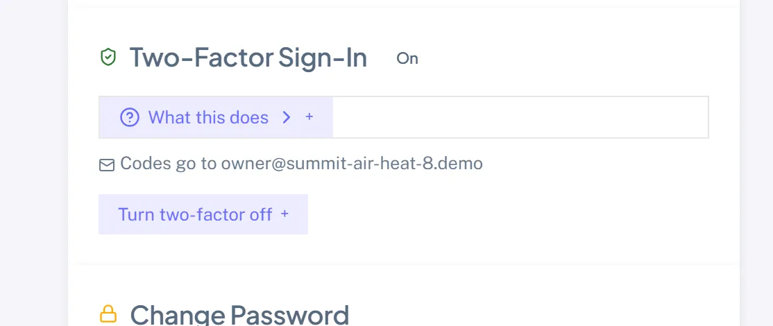 The same card switched on, marked On, showing which email address codes go to and a collapsed Turn two-factor off section