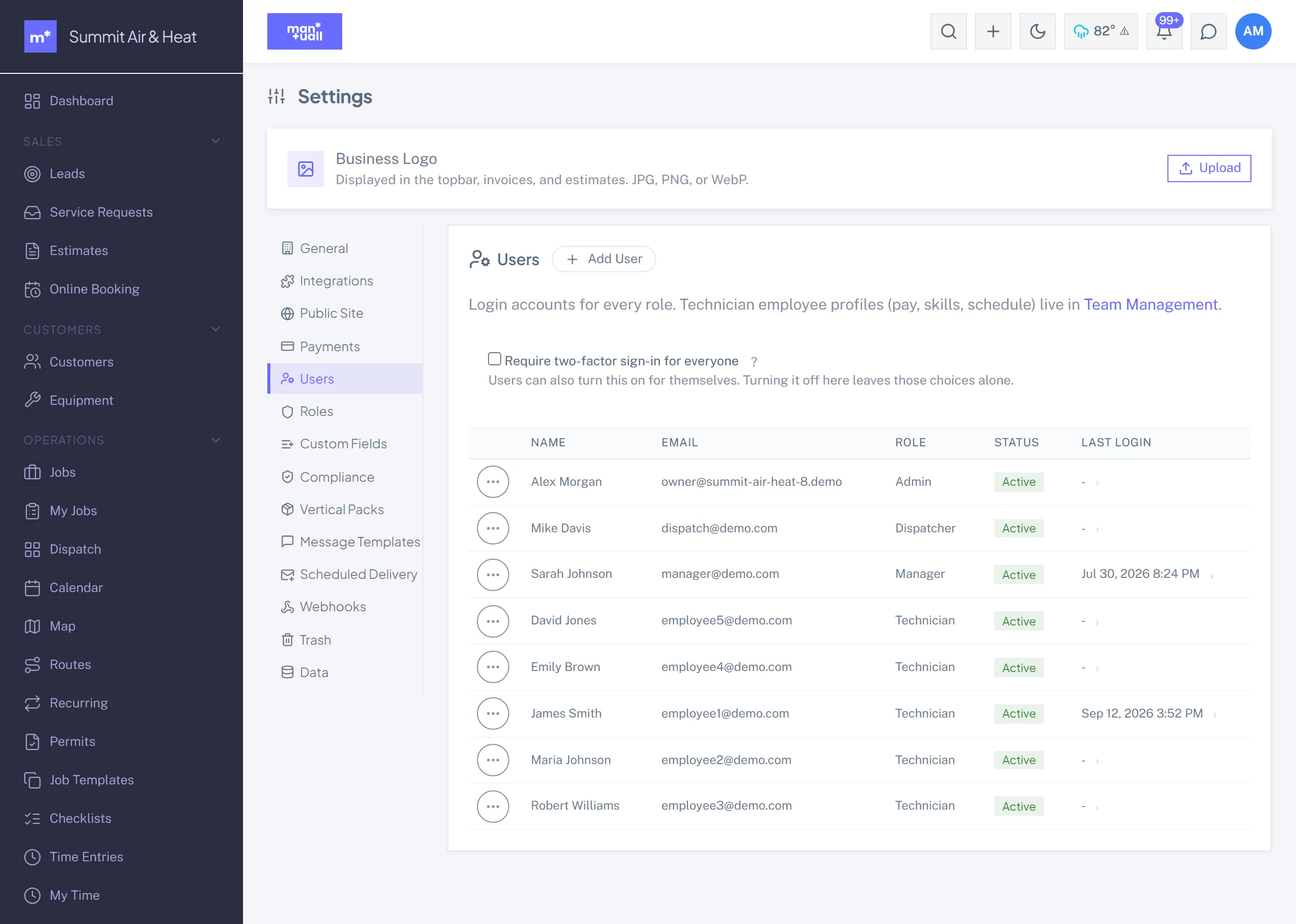 The Users tab in Settings with a Require two-factor sign-in for everyone checkbox above the list of user accounts