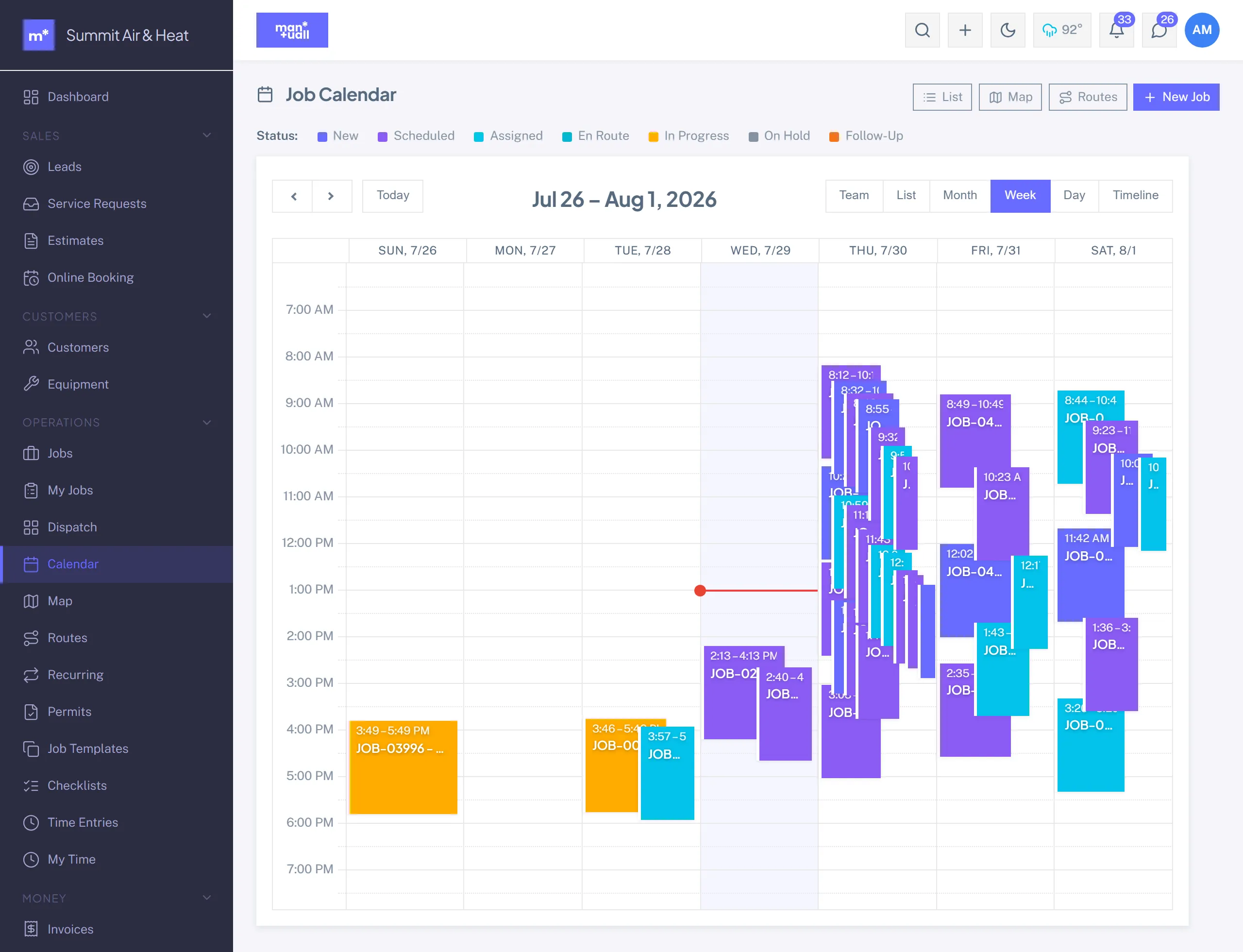 The job calendar in Week view with jobs as color-coded blocks across the week, plus Month, Day, Timeline, and Team view toggles