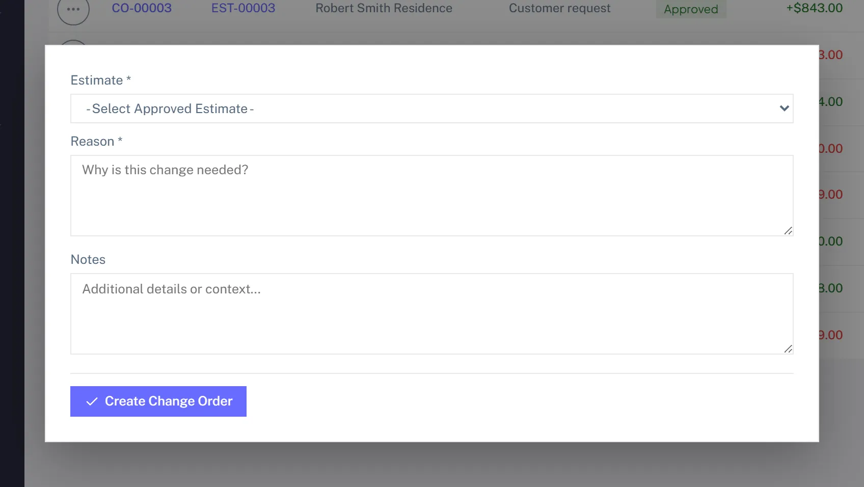 The New Change Order form with a Select Approved Estimate dropdown, a Reason box, a Notes box, and a Create Change Order button