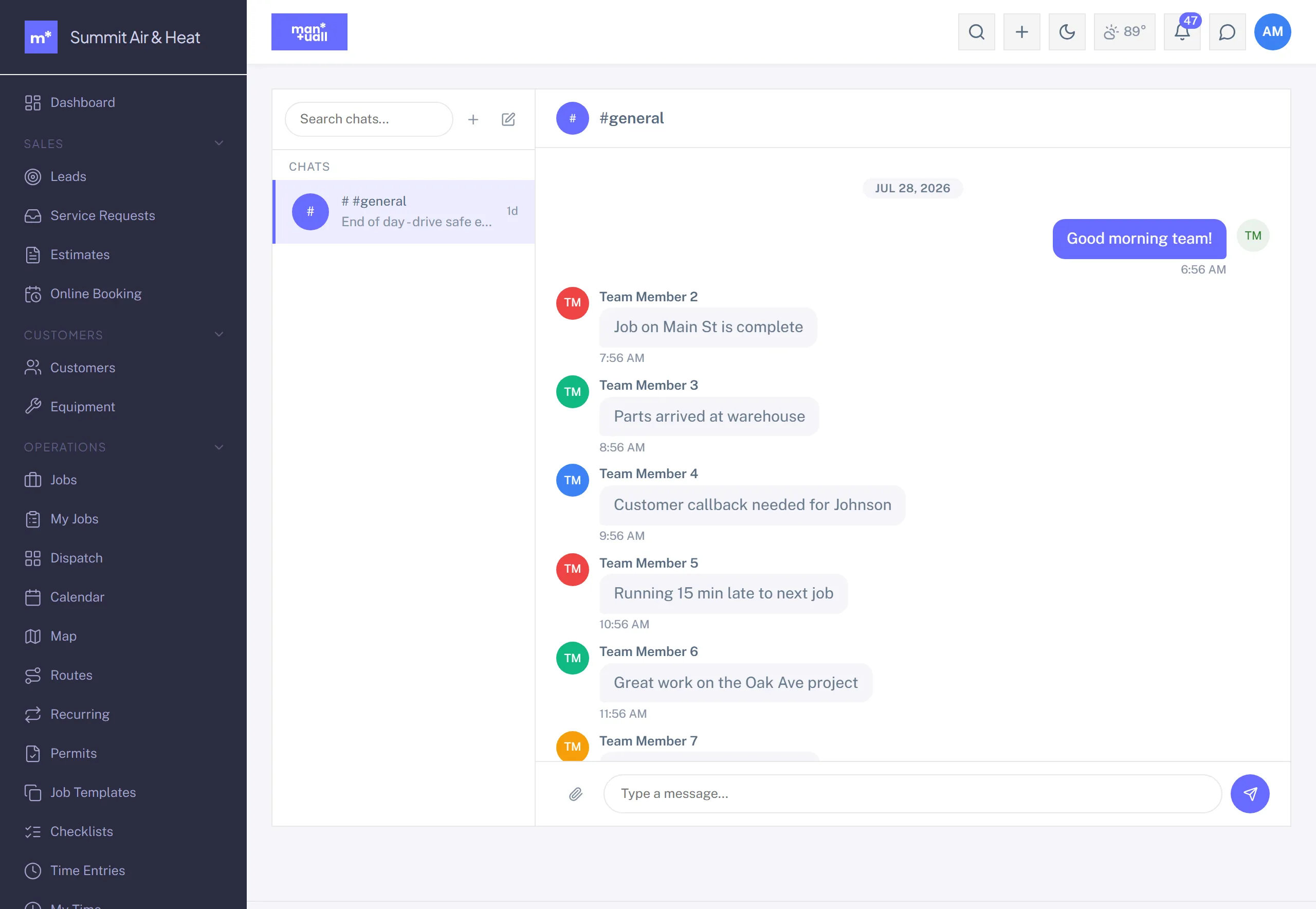 The Chat page with a channel list on the left and a general channel thread of team messages