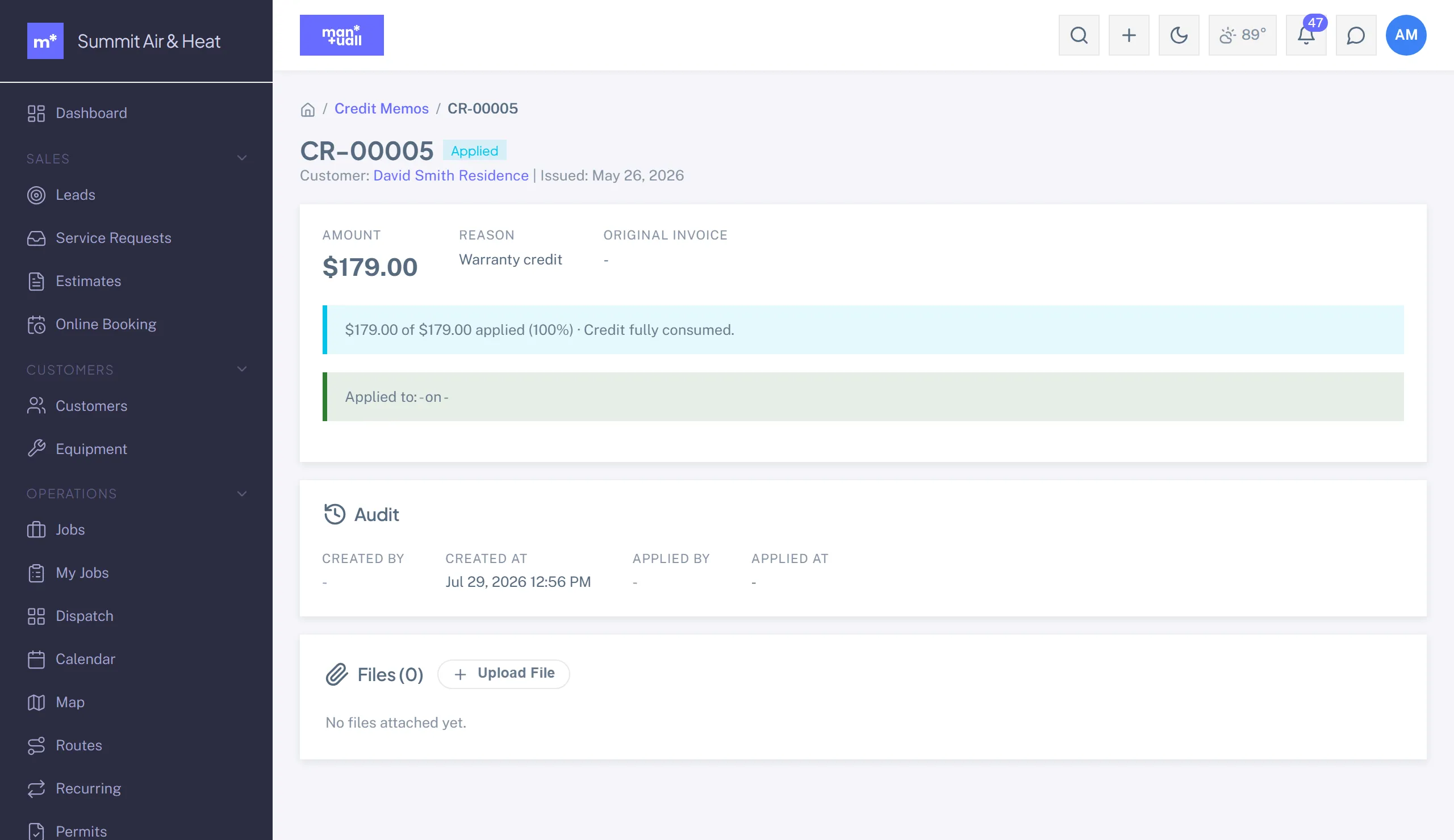 A credit memo detail page showing the credit amount, reason, source invoice, applied status, and audit trail