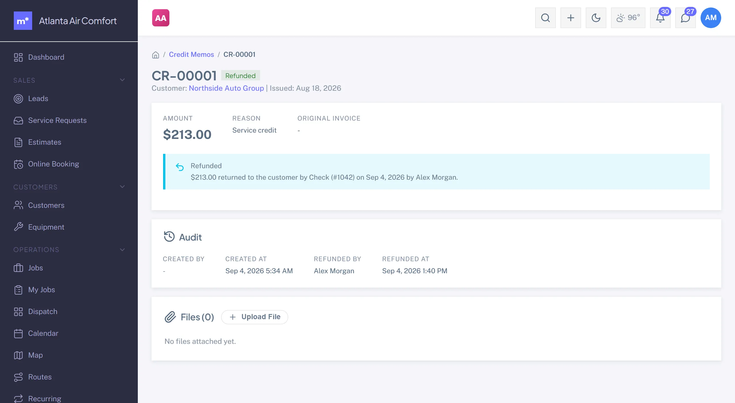 A credit memo marked Refunded, with a callout naming the amount, the method, the check number and the date