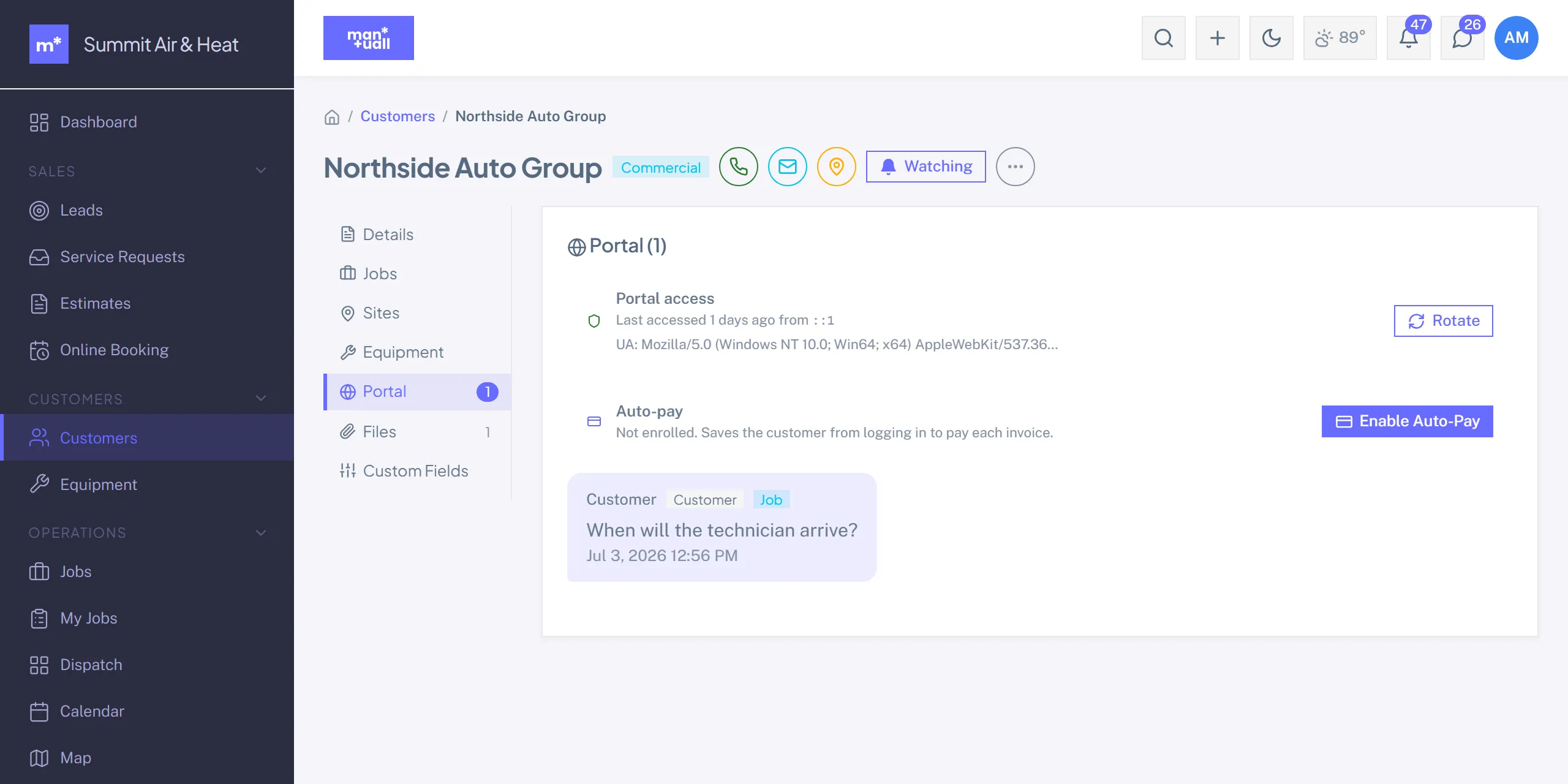 The Portal tab on a customer showing last portal access, a rotate-token button, an auto-pay enrolment button, and a customer message