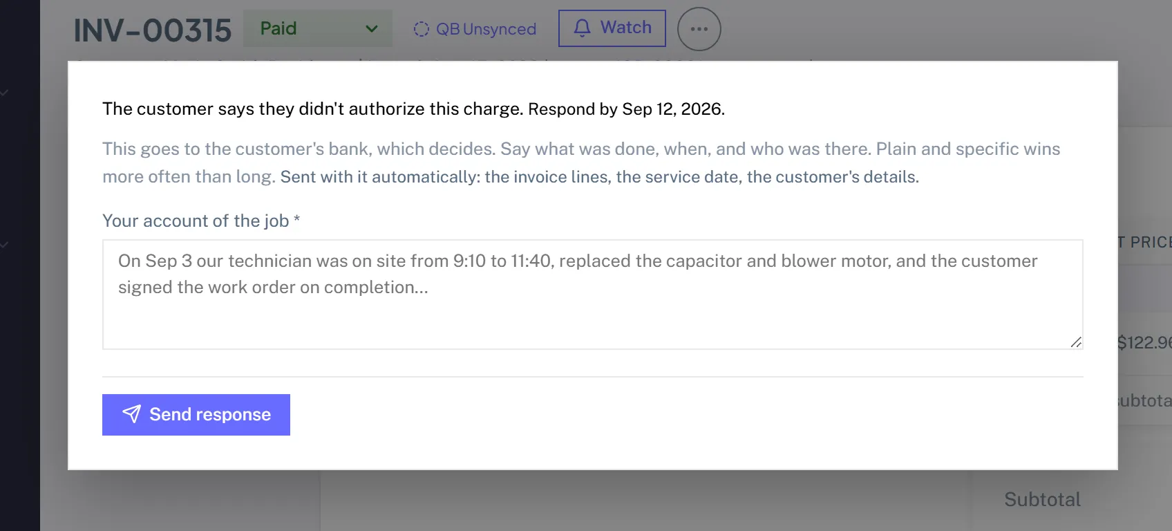 The dispute response form with a statement box and a line saying the customer's signature, job photos and invoice lines are sent with it