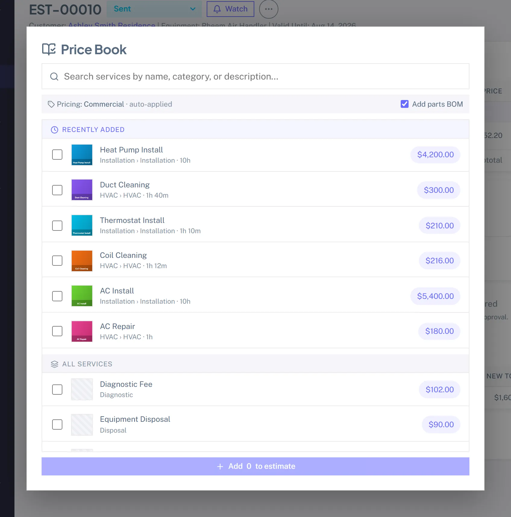 The price-book picker open over an estimate, showing a search box, a Pricing: Commercial auto-applied banner, services with tick boxes and prices, and an Add to estimate button