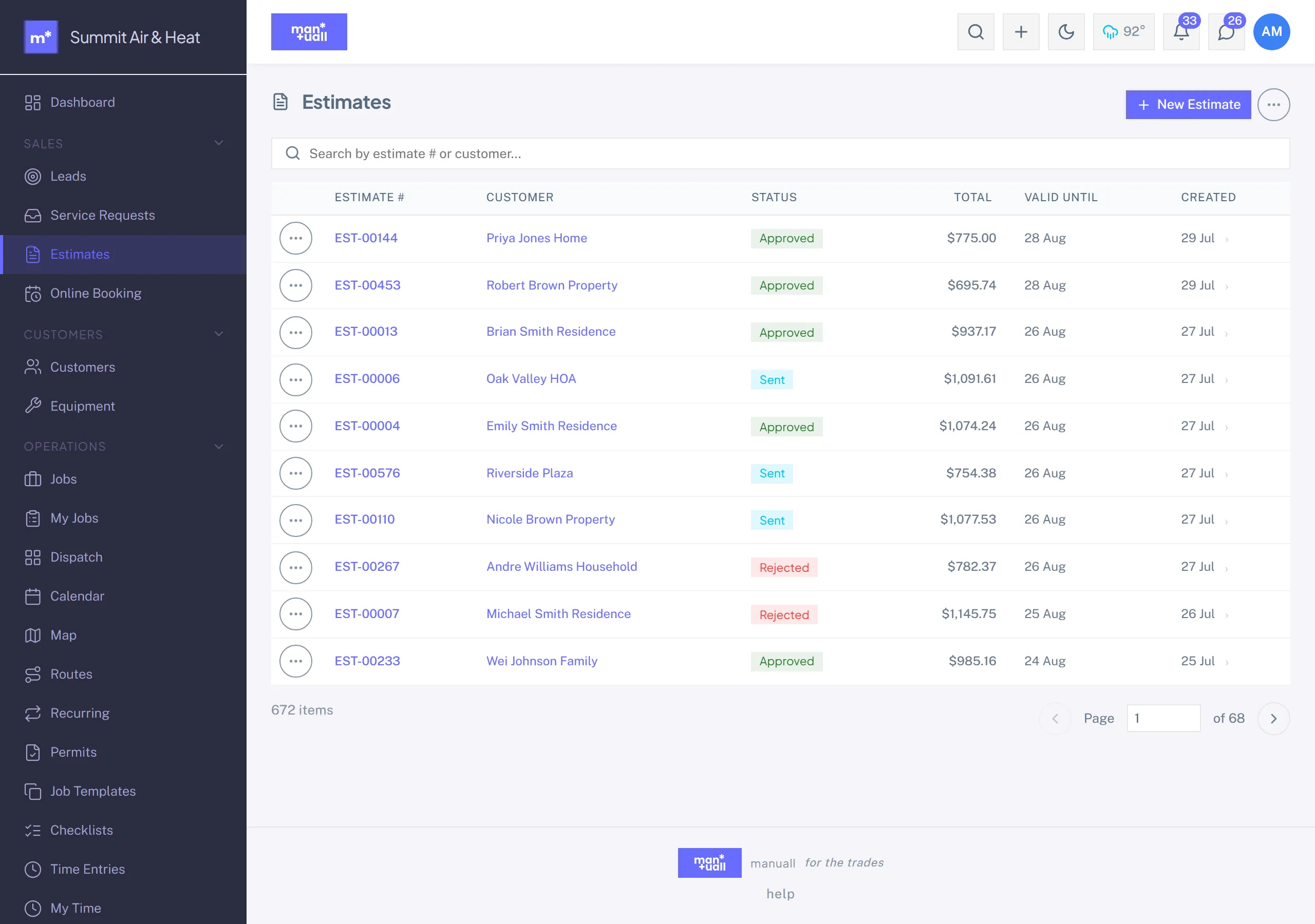 The Estimates list with customer, status, total, valid-until, and created columns