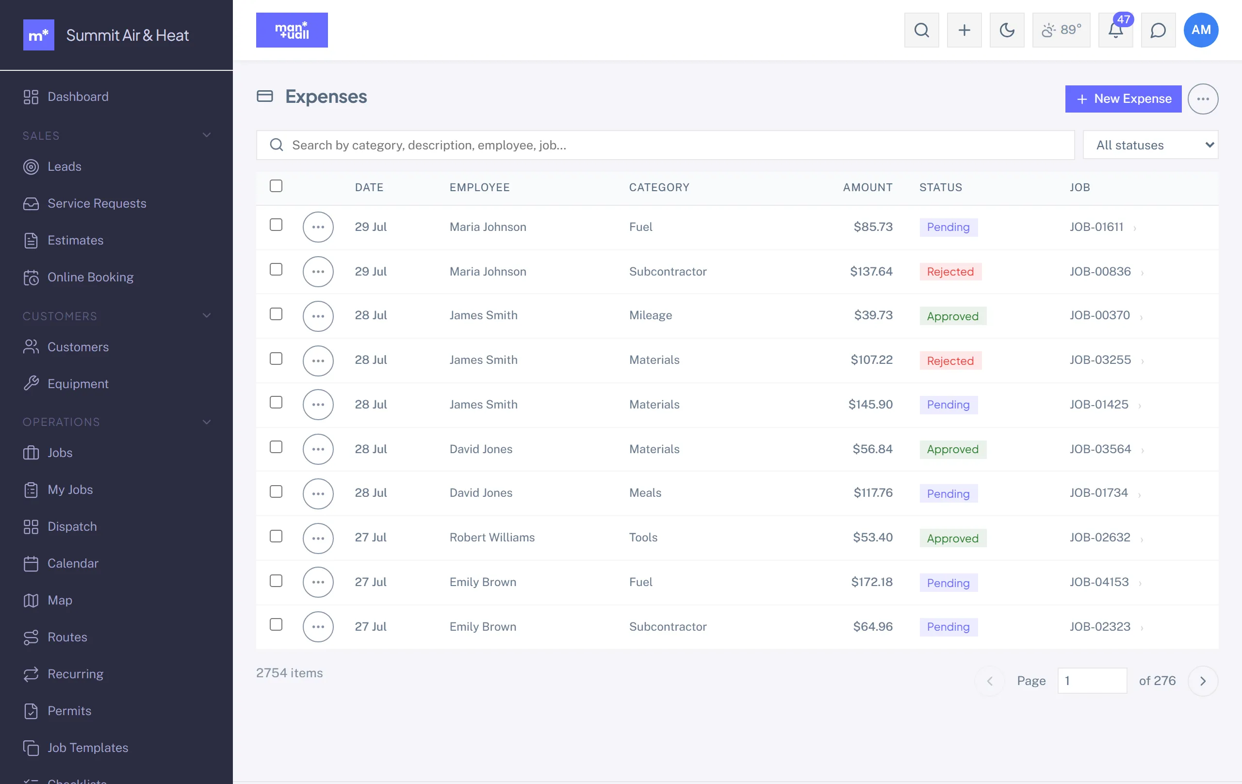 The Expenses list with date, employee, category, amount, approval status, and linked job