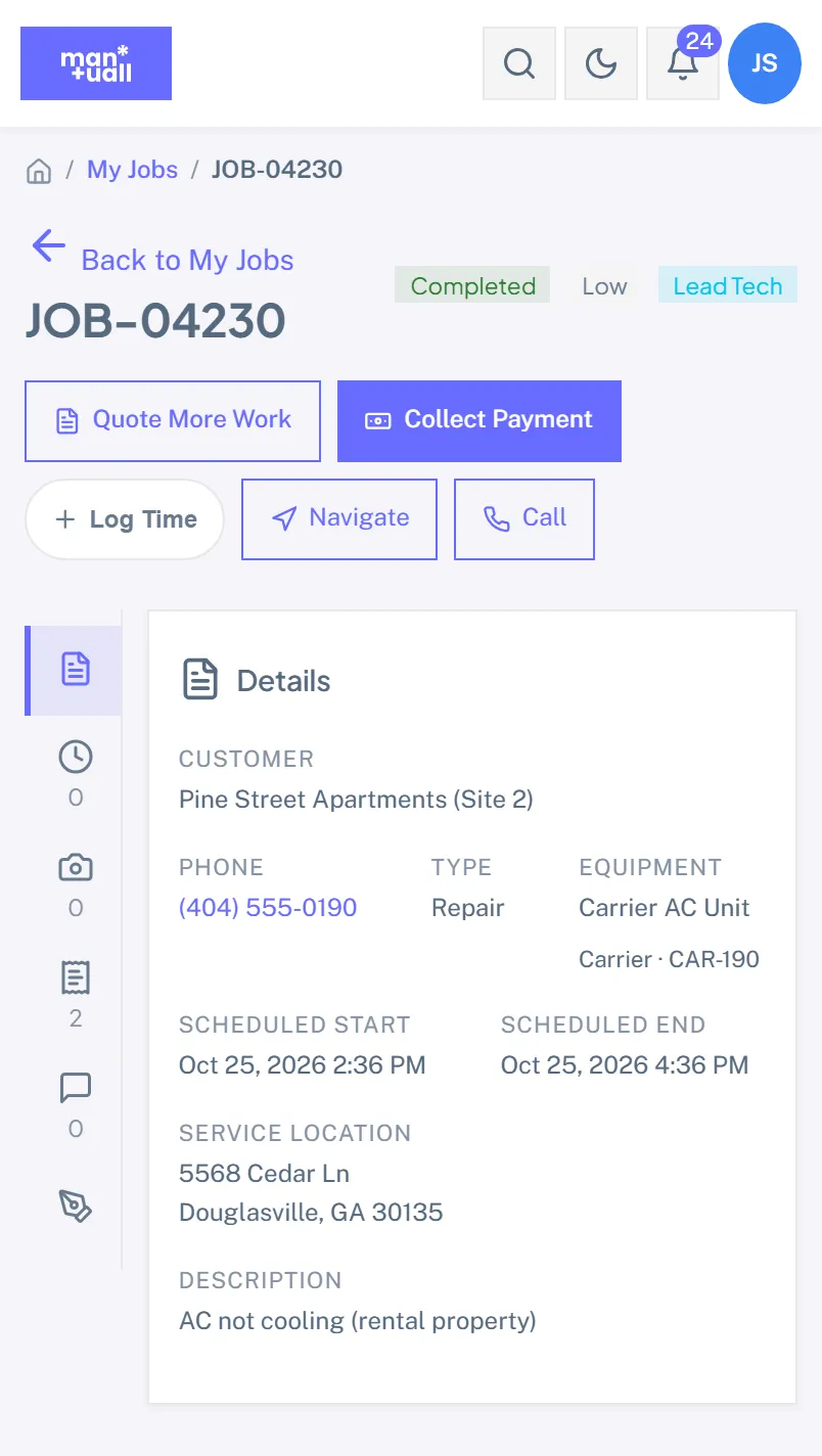 A completed job on a phone showing the field actions, with Quote More Work and Collect Payment among them