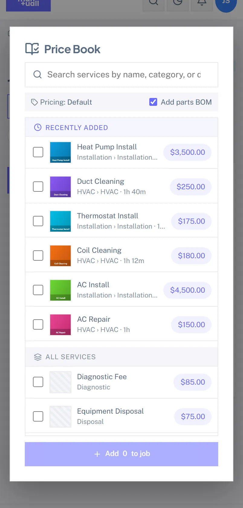 The price book picker on a phone: a search box, a pricing tier, and a list of services with prices and tick boxes