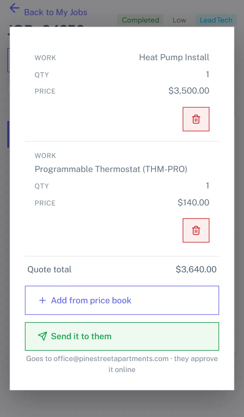 The quote panel on a phone listing two price-book lines, a quote total, and buttons to add from the price book or send it