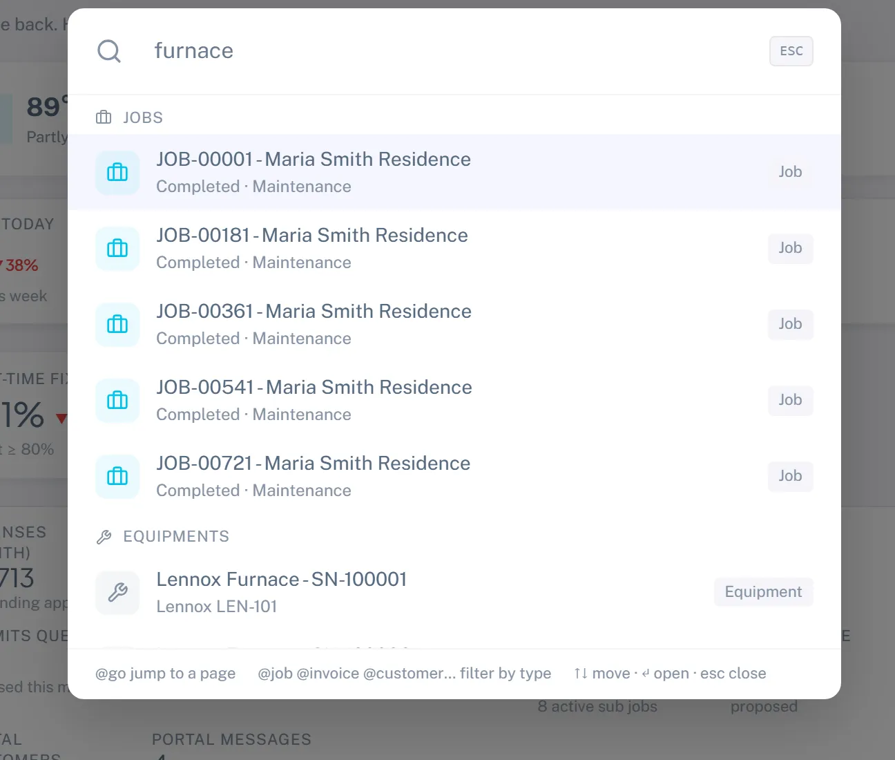 The global search overlay with a query typed and matching jobs and equipment listed beneath it