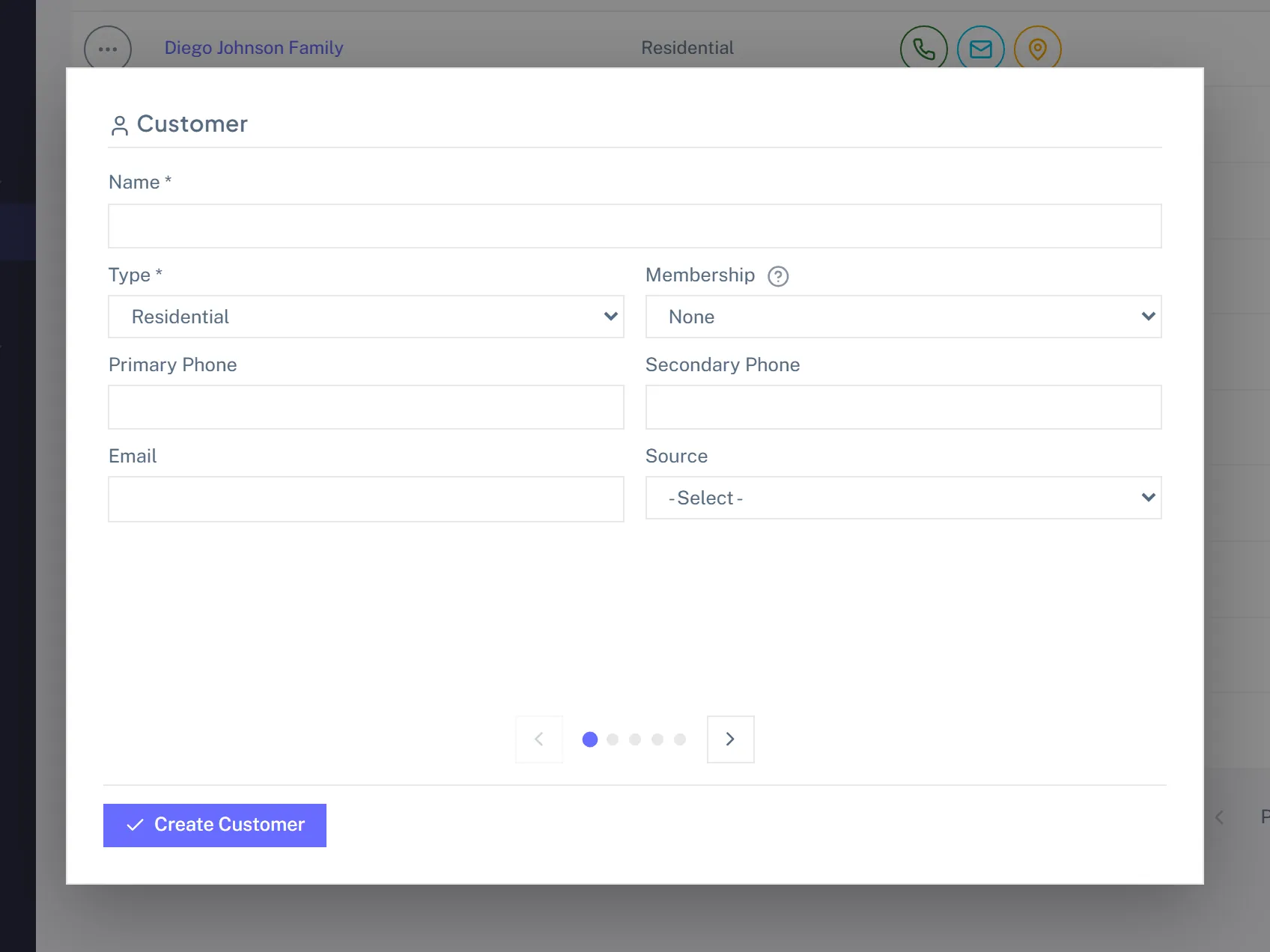 The New Customer form open as a popover over the Customers list, with name, type, phone, and email fields