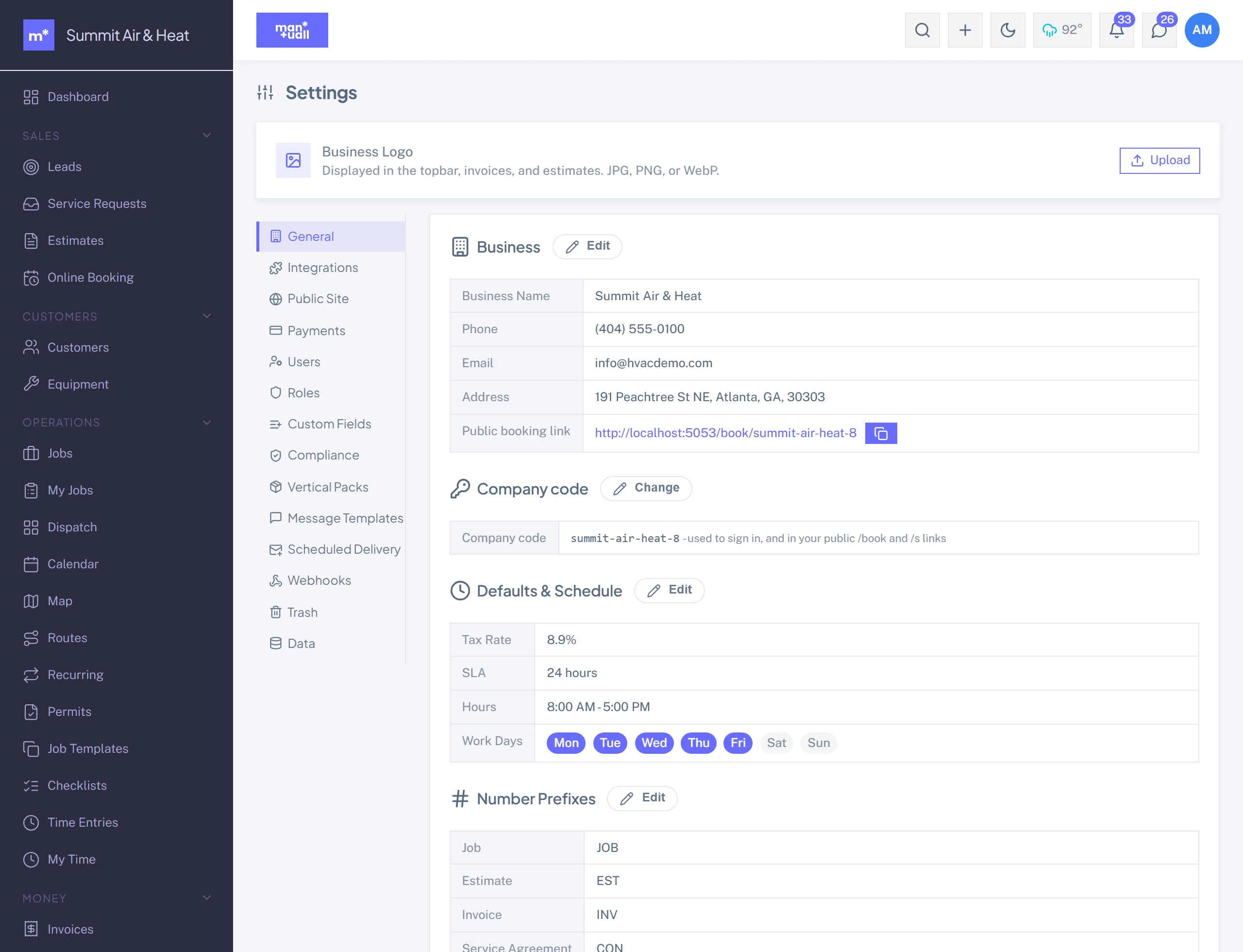 Settings, General tab, with the Business Logo upload up top and business name, address, and contact fields below