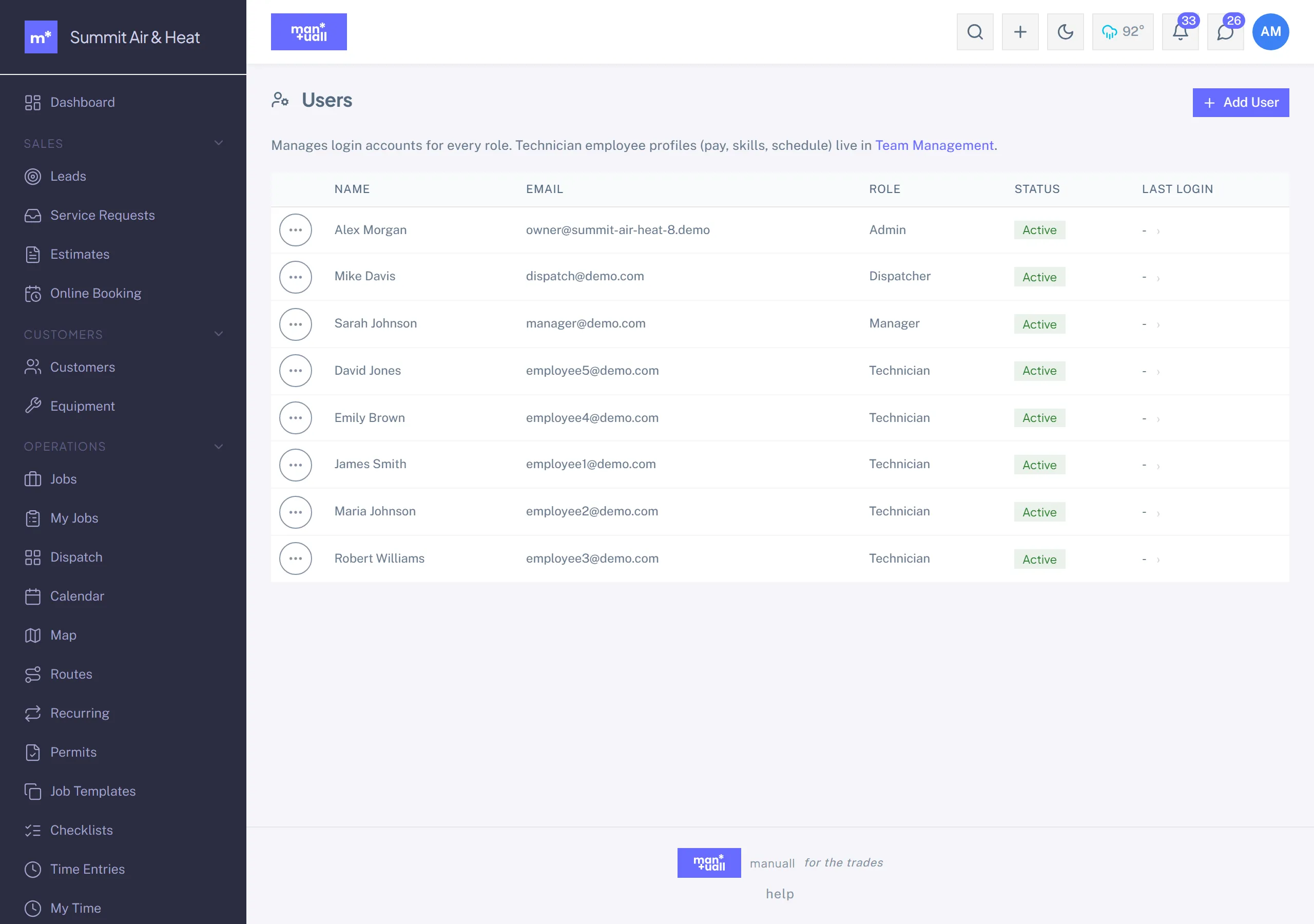 The Users settings page listing team members with their role, status, and last login, plus an Add User button