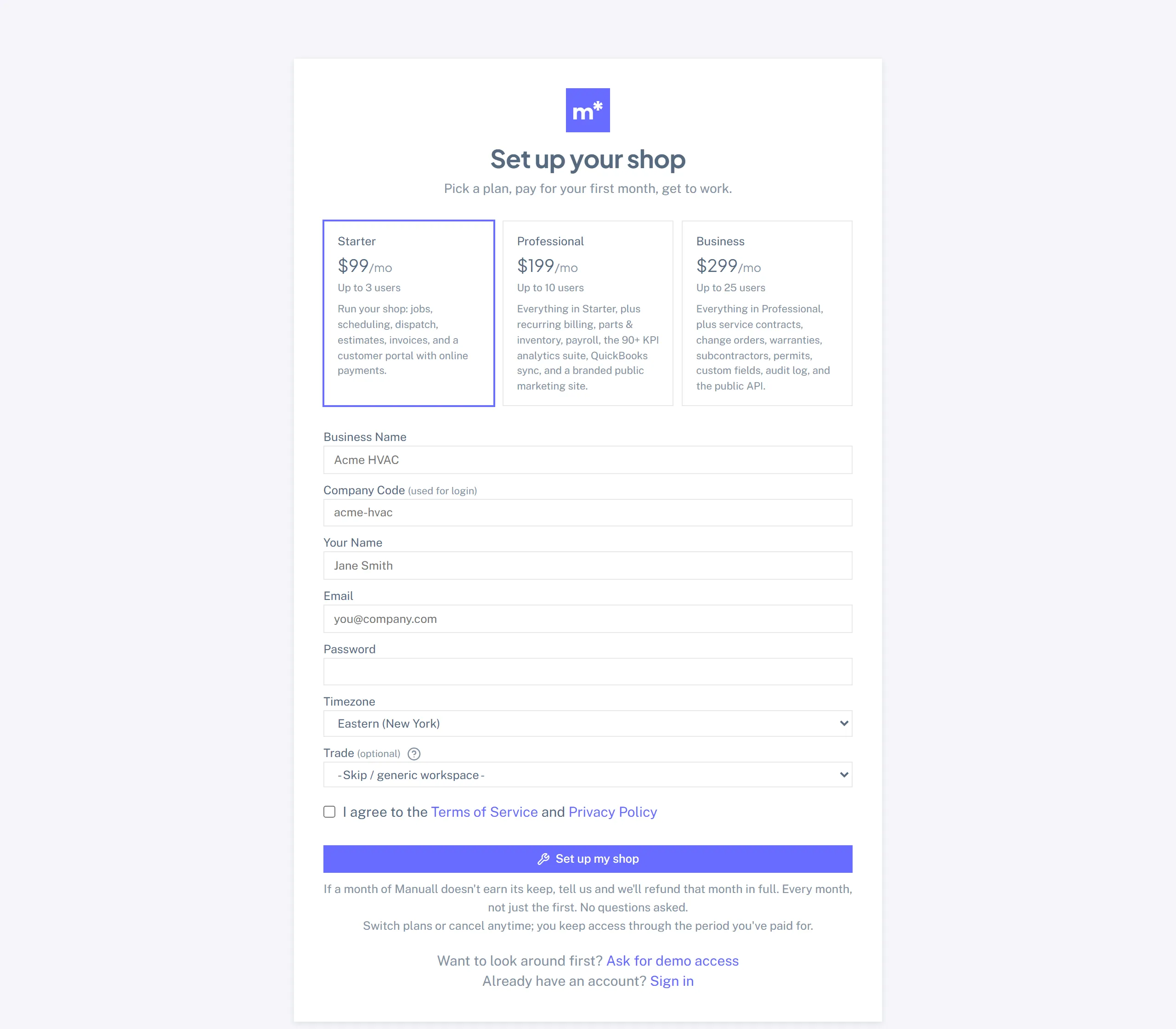 The Manuall signup page with the Starter, Professional, and Business plan picker above a short setup form