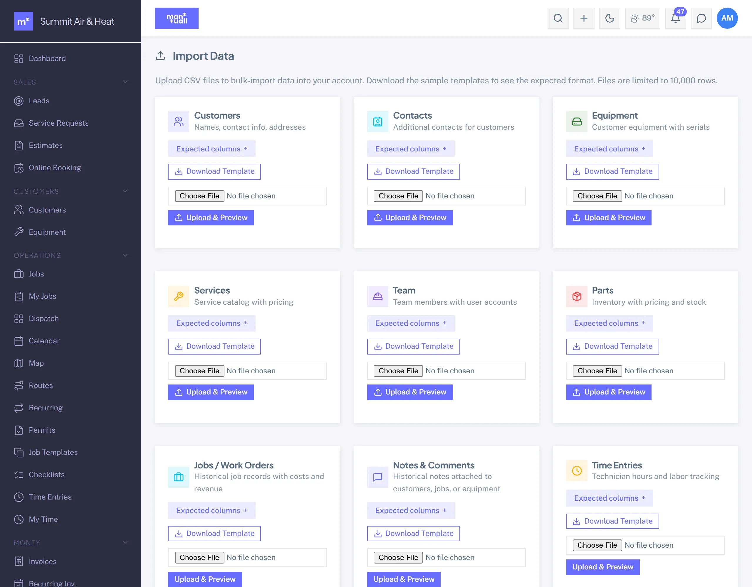 The Import Data page with upload cards for customers, contacts, equipment, services, team, parts, jobs, notes, and time entries