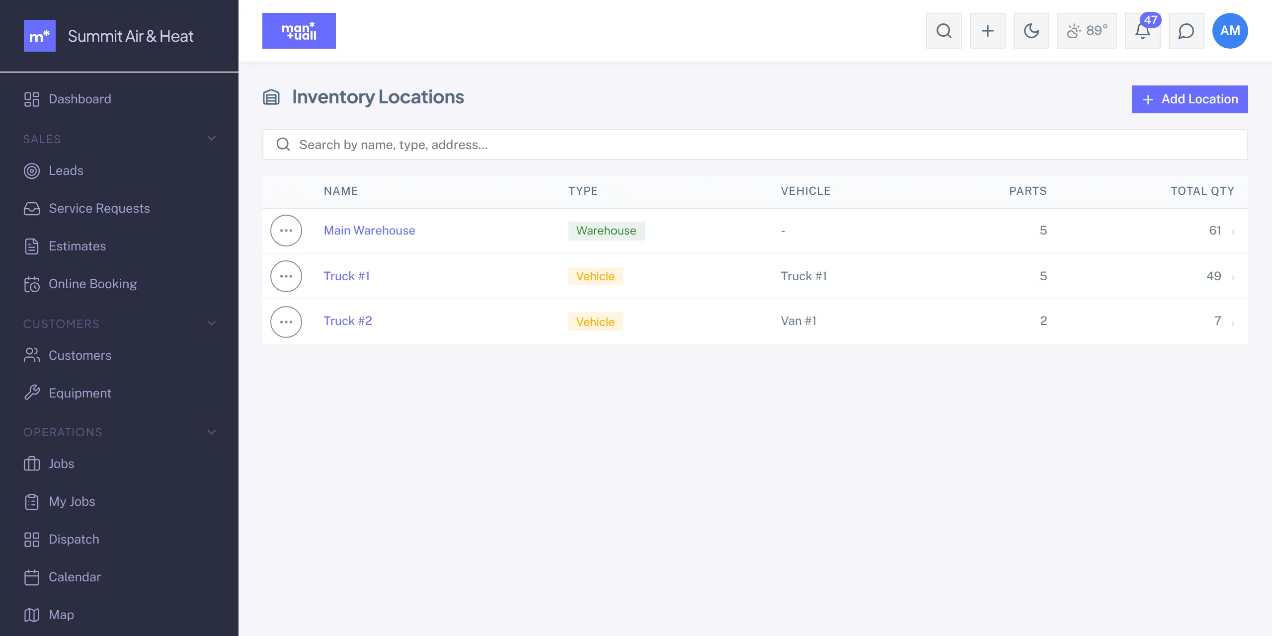The Inventory Locations list showing a warehouse and two trucks with part counts and total quantity