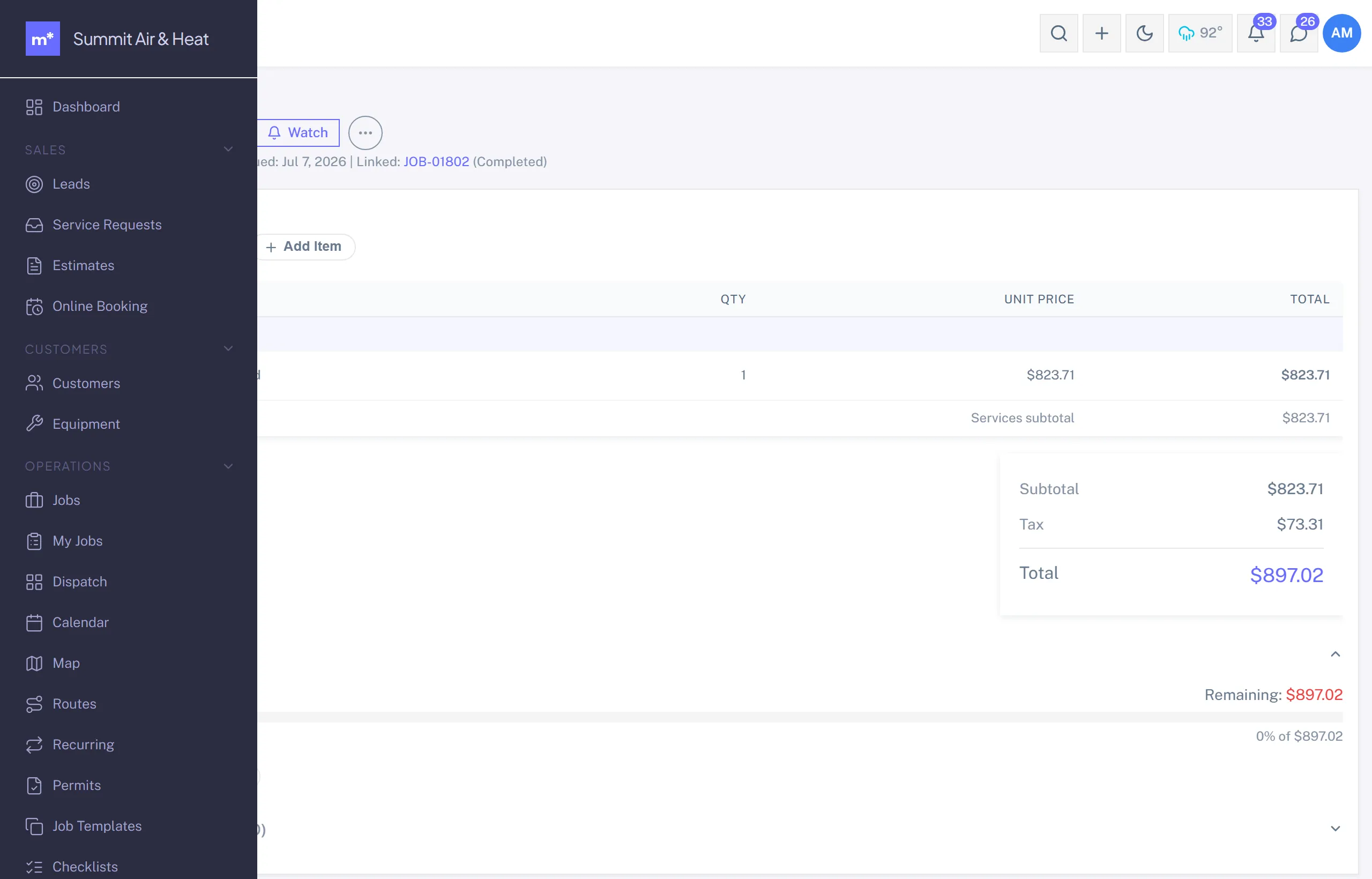 An invoice detail with line items, tax, total, and a payments section