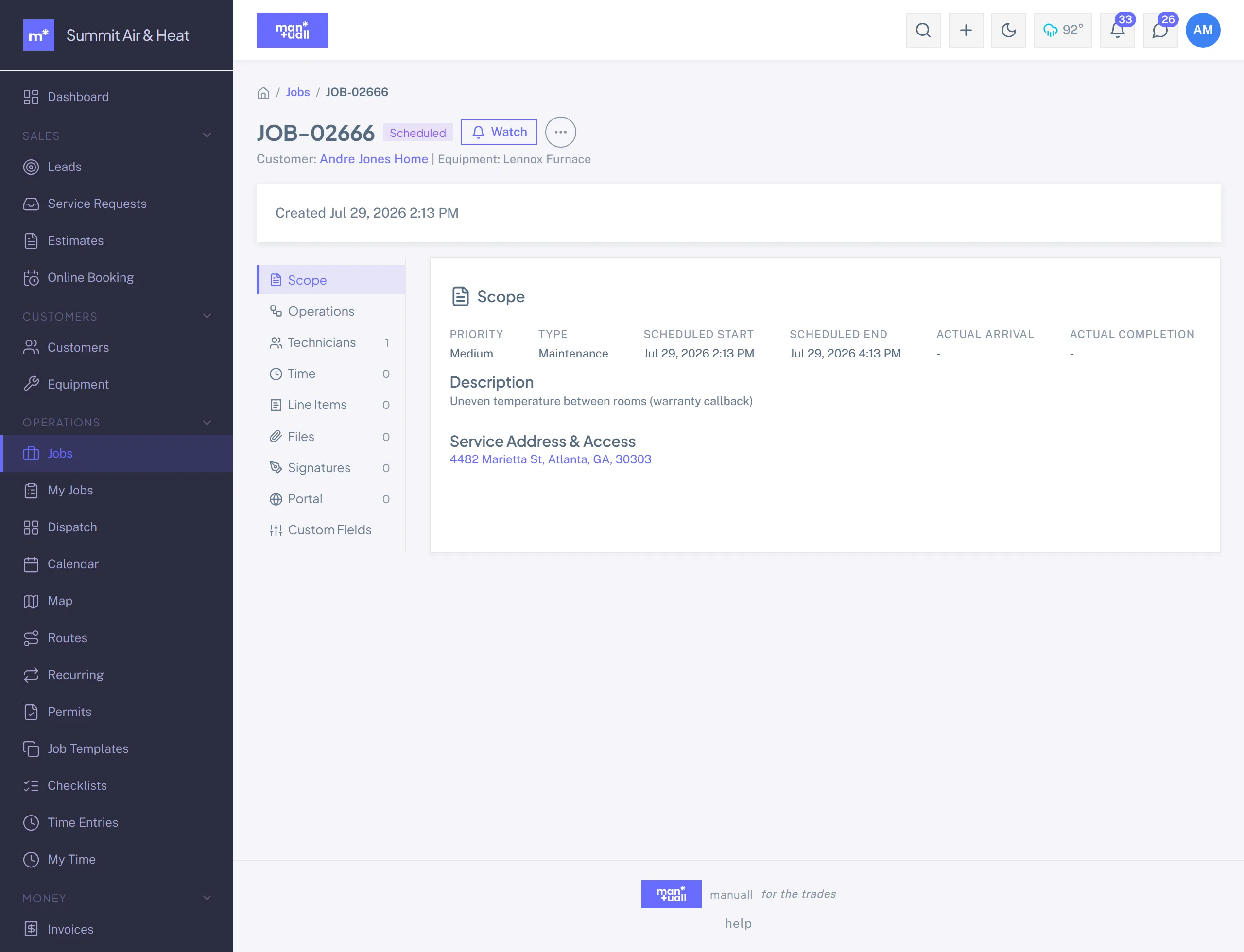 A job detail page with a Scope panel showing priority, type, schedule, and description, and a left rail of tabs for time, line items, files, and signatures