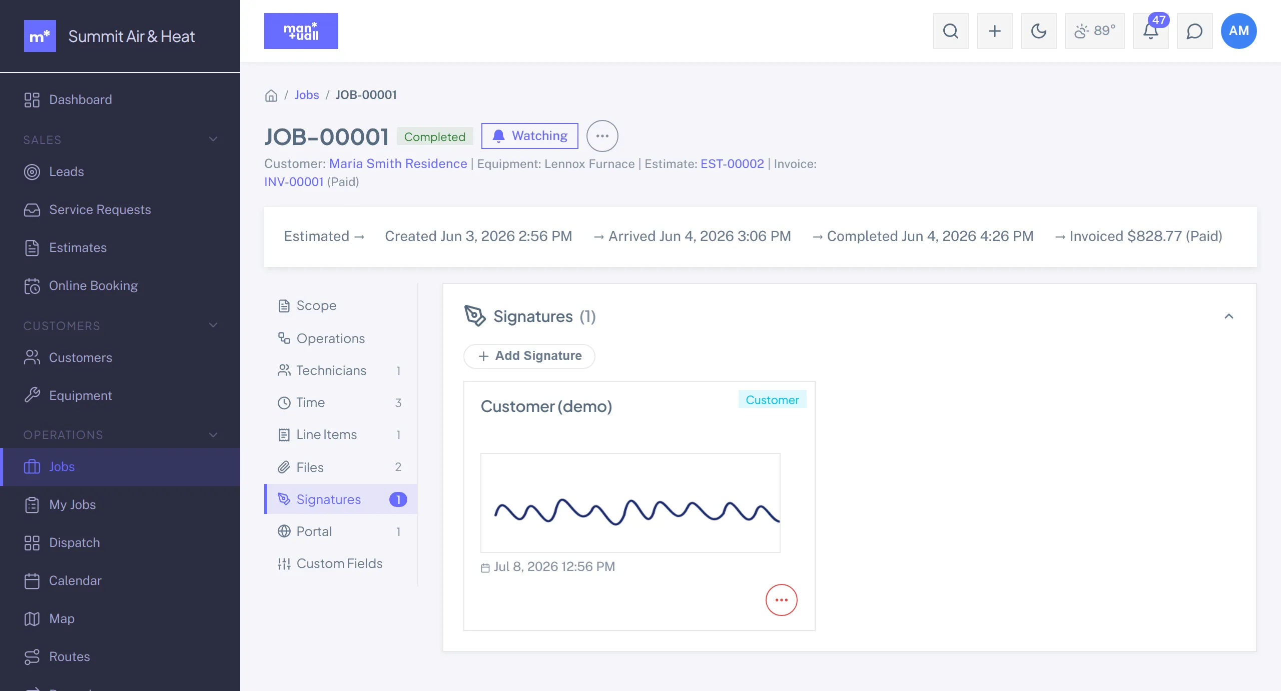 The Signatures tab on a job showing a captured customer signature with the signing timestamp