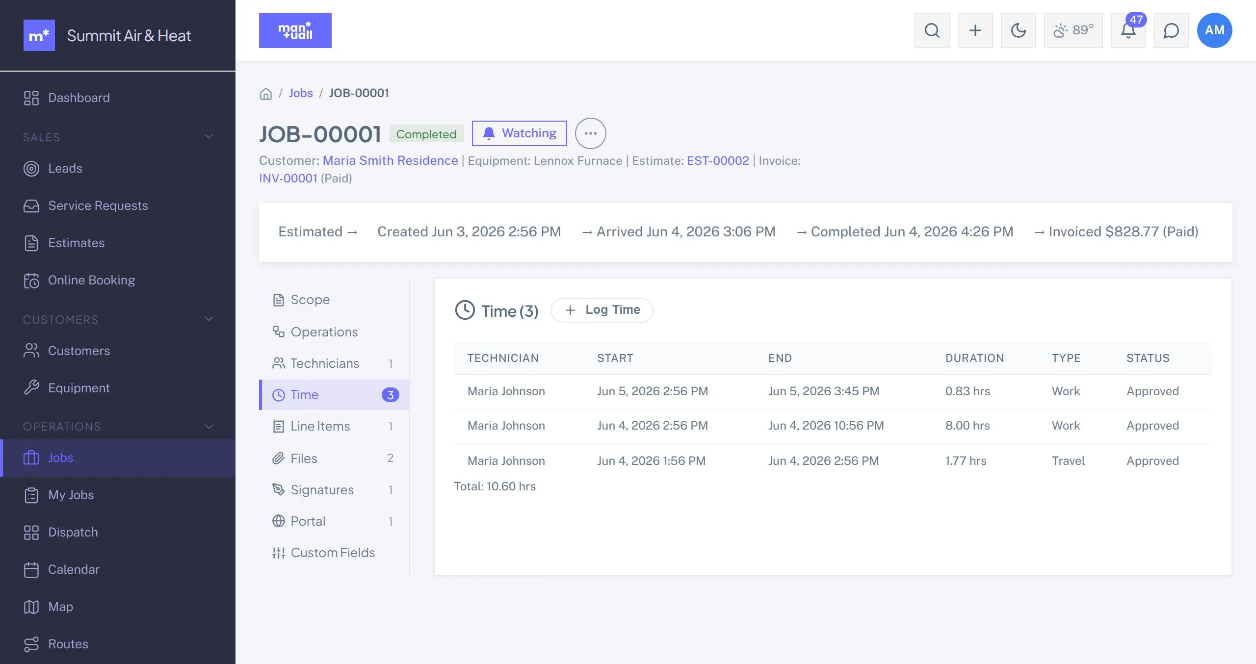 The Time tab on a job listing three entries with durations and a total logged figure