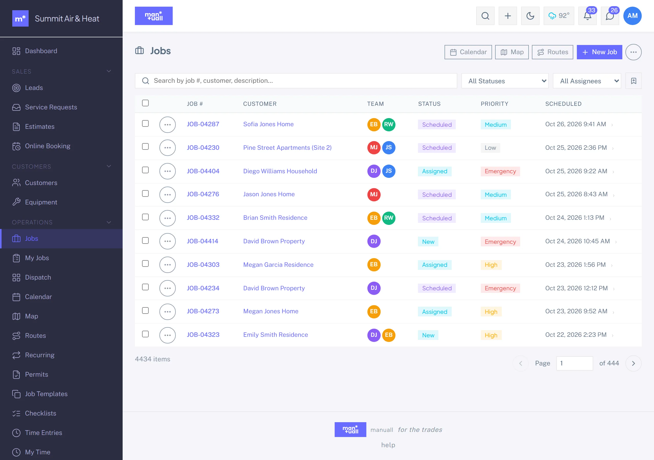 The Jobs list with job number, customer, assigned team, status, priority, and scheduled time columns