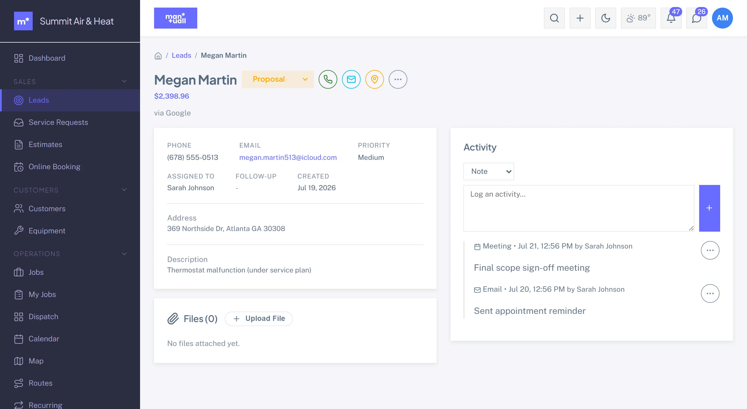 A lead detail page with contact details, estimated value, assigned rep, follow-up date, and an activity log of calls and meetings