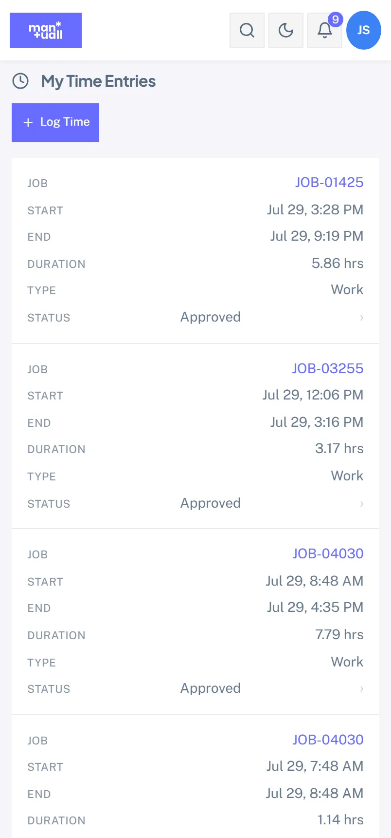 My Time Entries on a phone, each entry a card with job, start, end, duration, type, and status