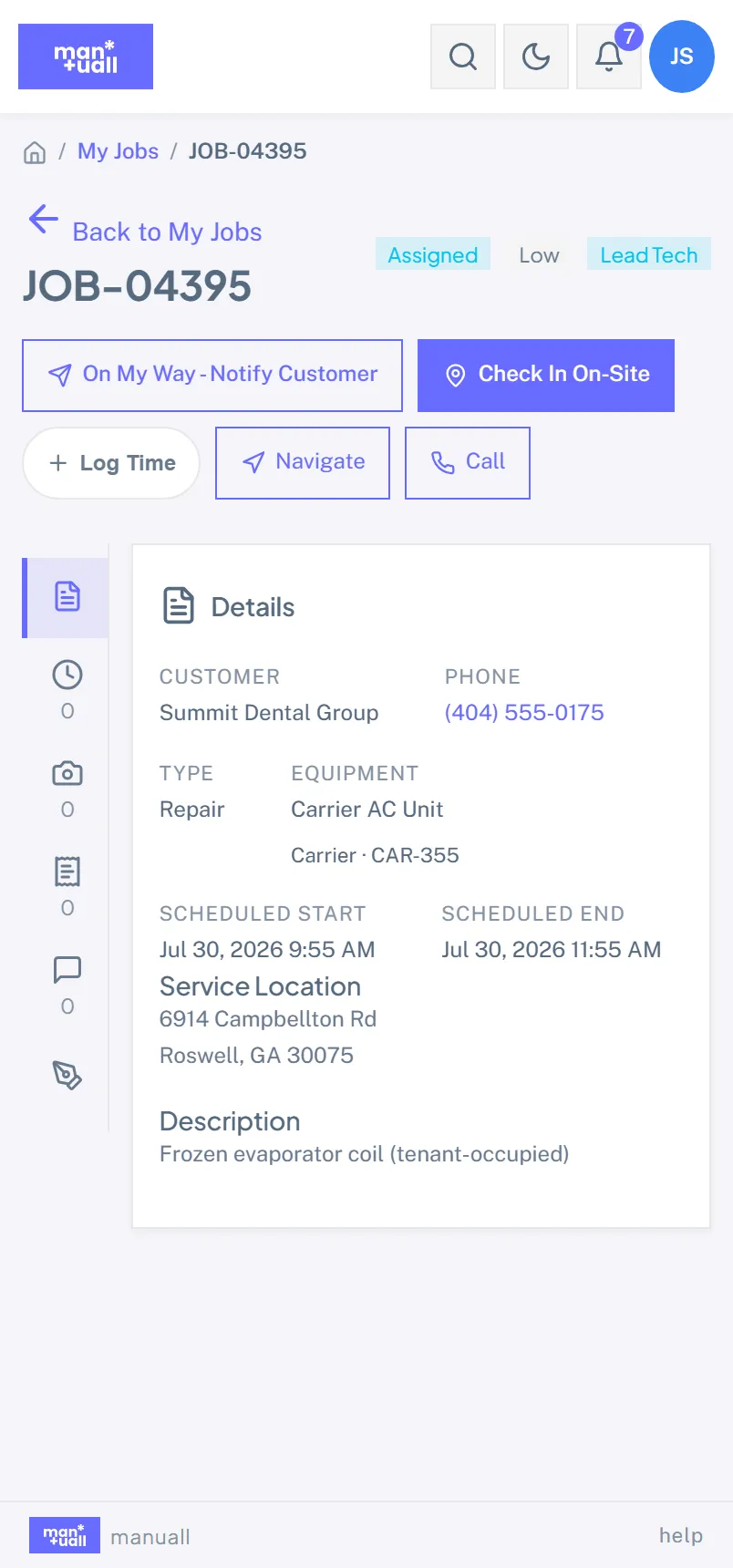 A job open on the phone with Check Out, Complete Job, Log Time, and a Ready to complete checklist showing checked-in and time-logged done