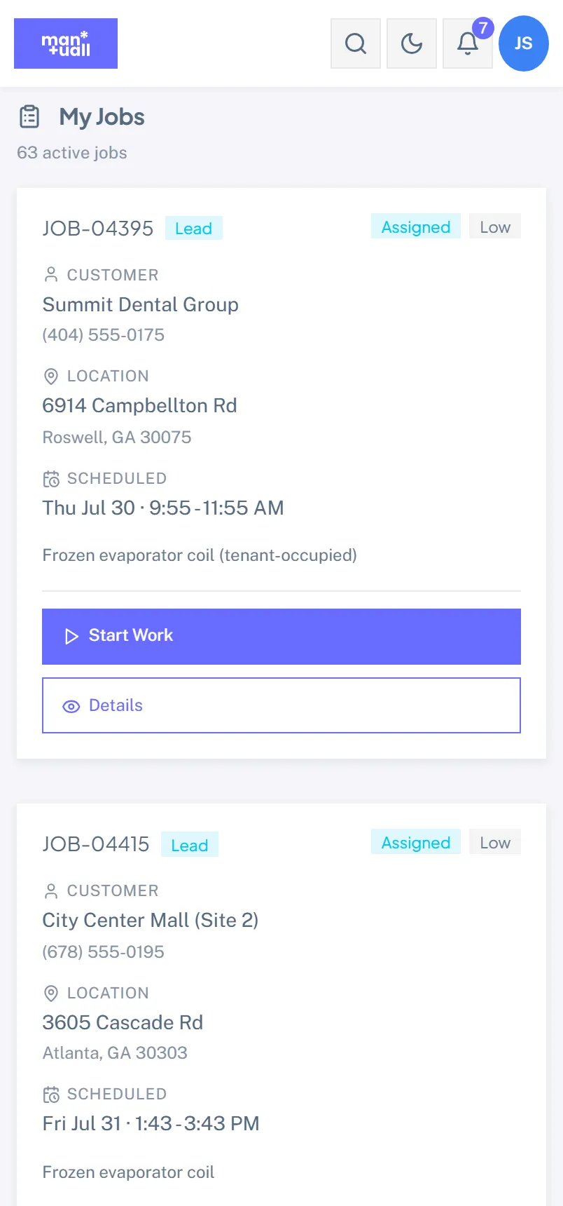 The My Jobs list on a phone showing today's assigned jobs as cards