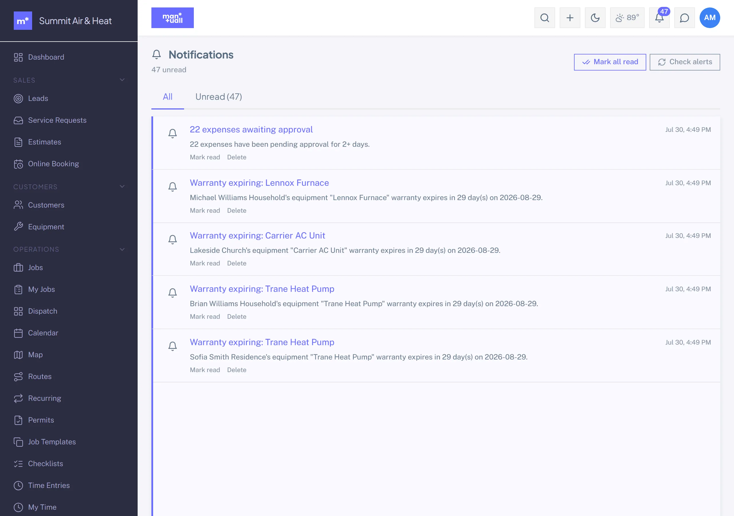 The Notifications feed showing expense approval and warranty expiry alerts with mark-read and check-alerts actions