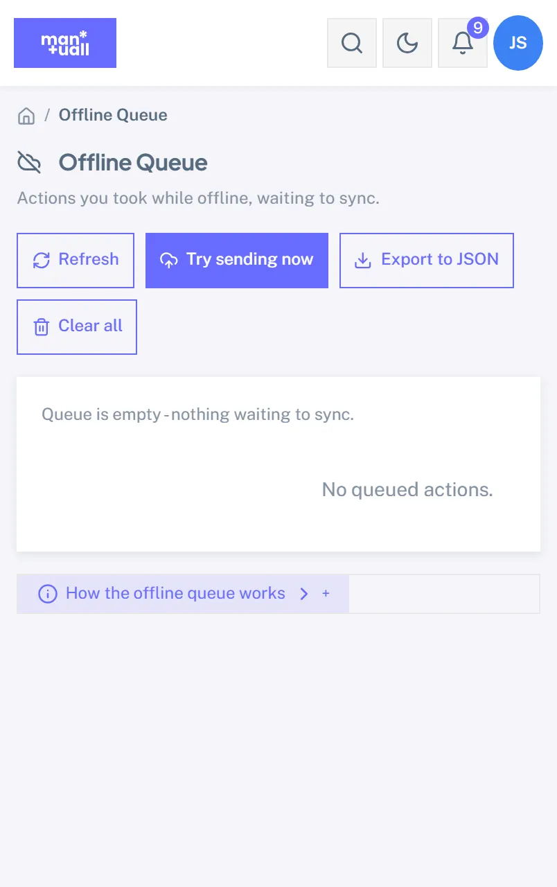 The Offline Queue page on a phone showing an empty queue with refresh, try sending now, export, and clear actions