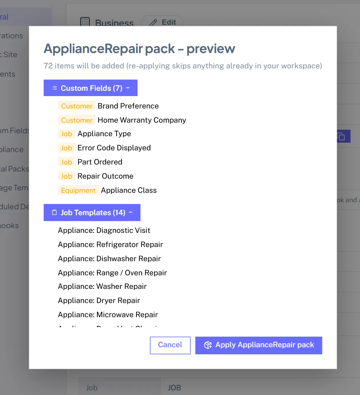 The ApplianceRepair pack preview listing the custom fields, job templates, services, and checklists it will add