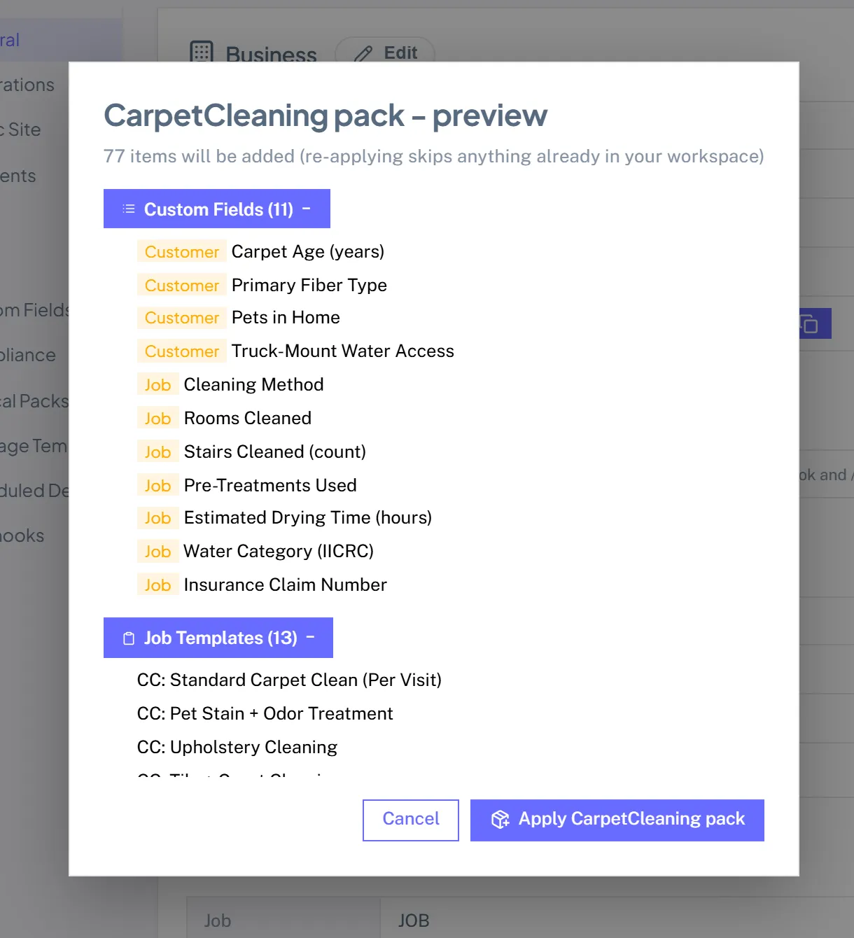 The CarpetCleaning pack preview listing the custom fields, job templates, services, and checklists it will add