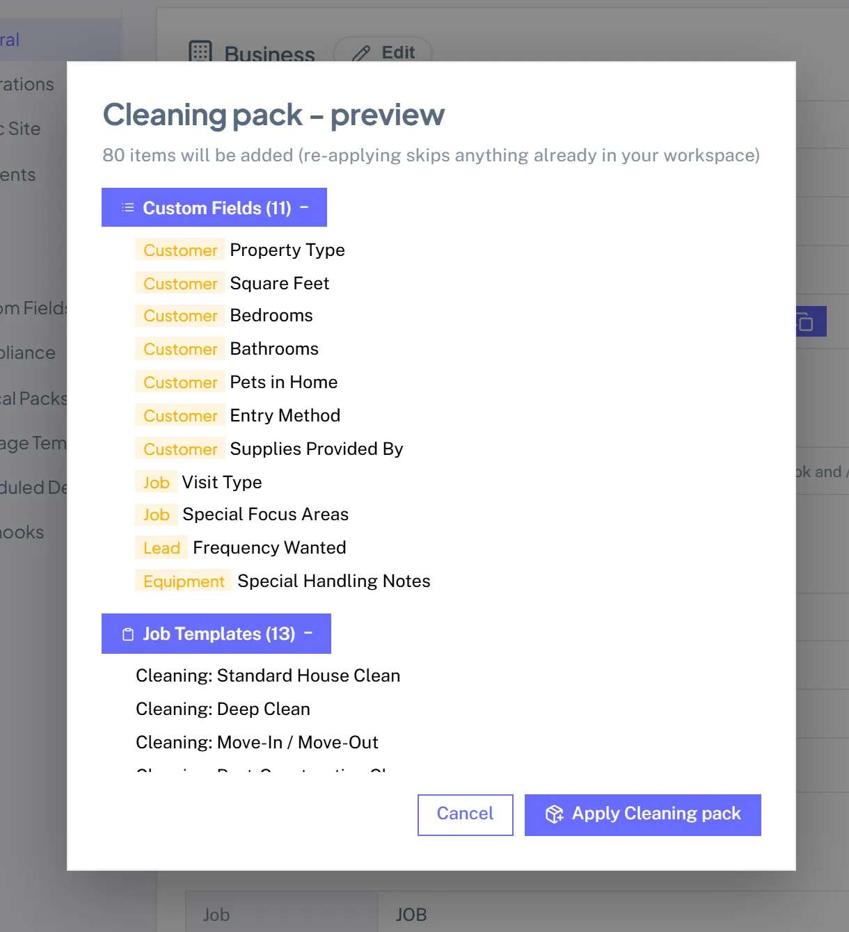 The Cleaning pack preview listing the custom fields, job templates, services, and checklists it will add