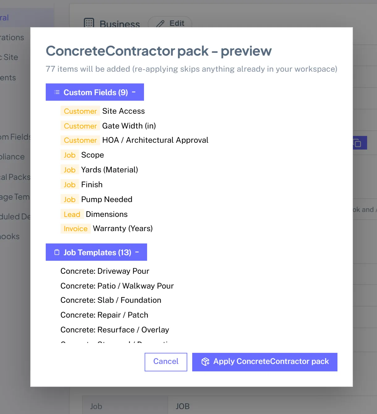 The ConcreteContractor pack preview listing the custom fields, job templates, services, parts and checklists it will add