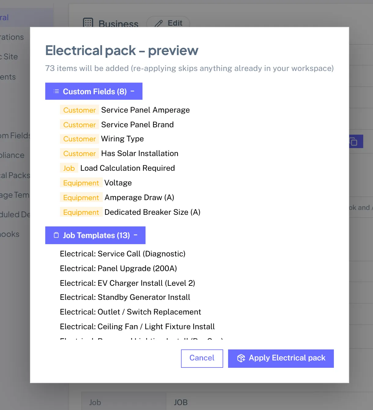 The Electrical pack preview listing the custom fields, job templates, services, and checklists it will add