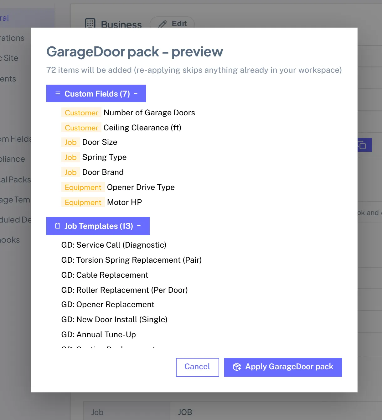The GarageDoor pack preview listing the custom fields, job templates, services, and checklists it will add