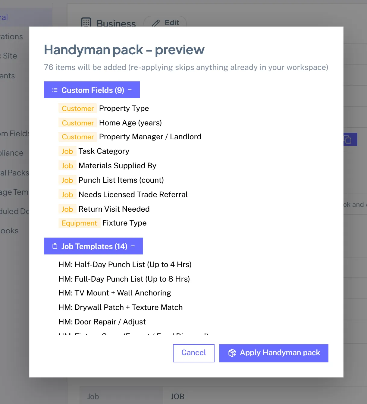 The Handyman pack preview listing the custom fields, job templates, services, and checklists it will add