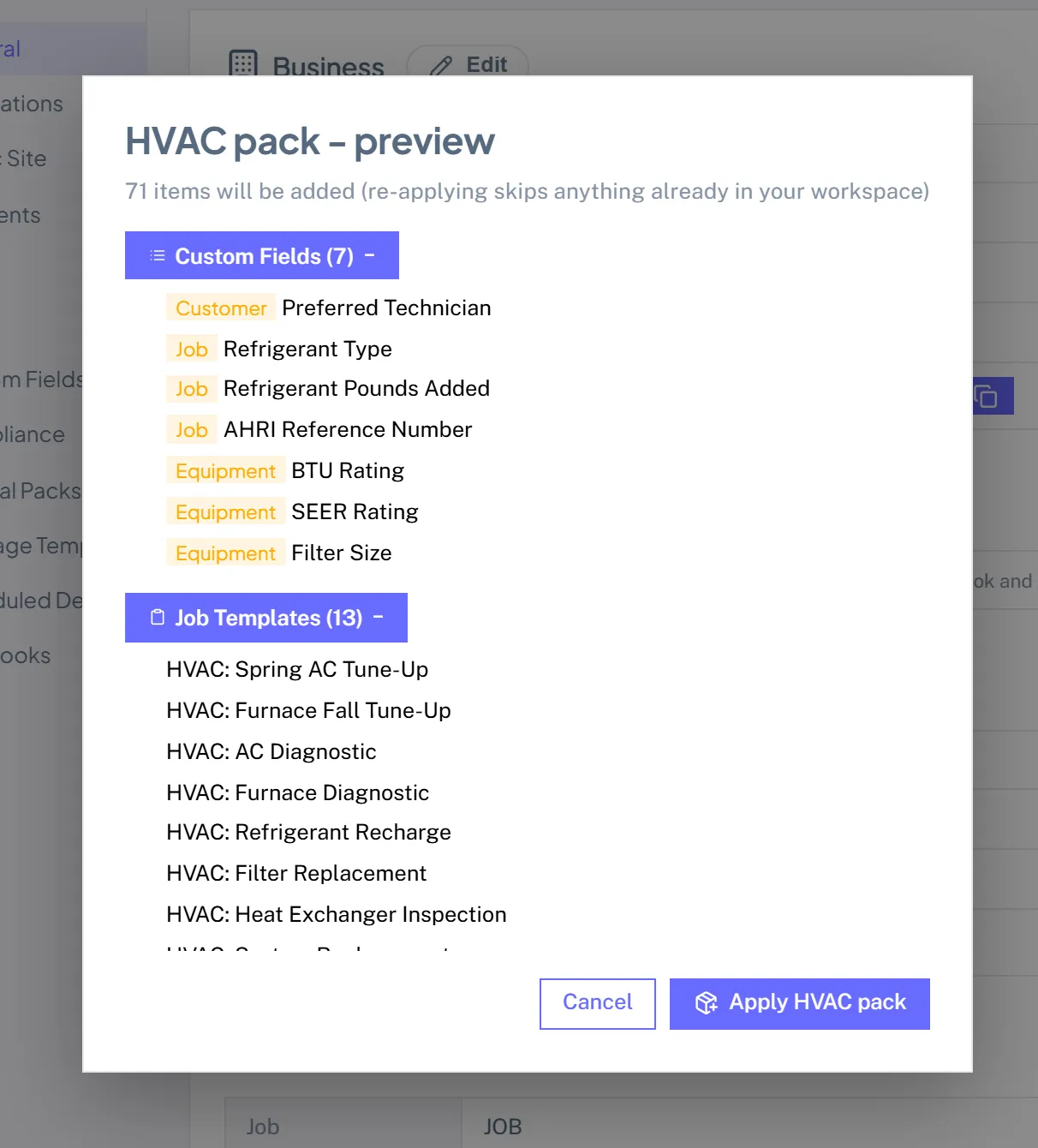 The HVAC pack preview listing the custom fields, job templates, services, and checklists it will add