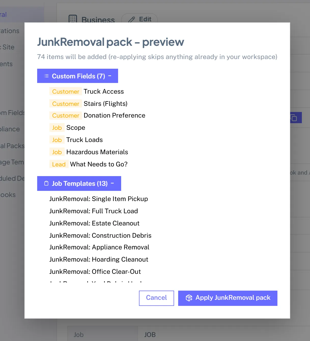 The JunkRemoval pack preview listing the custom fields, job templates, services, parts and checklists it will add