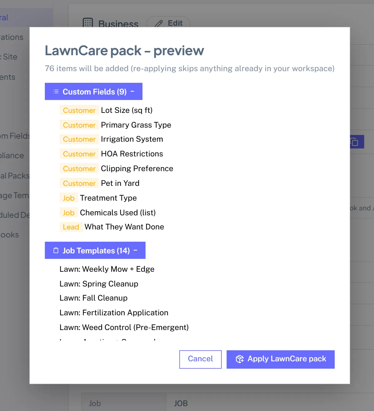 The LawnCare pack preview listing the custom fields, job templates, services, and checklists it will add