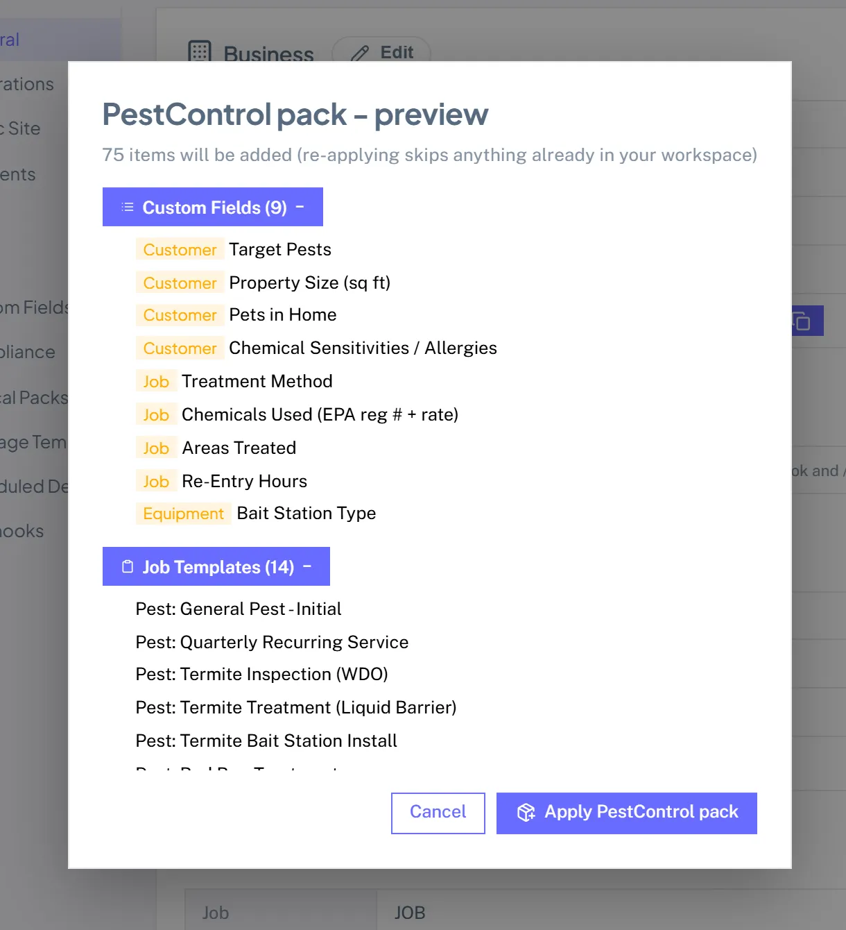 The PestControl pack preview listing the custom fields, job templates, services, and checklists it will add