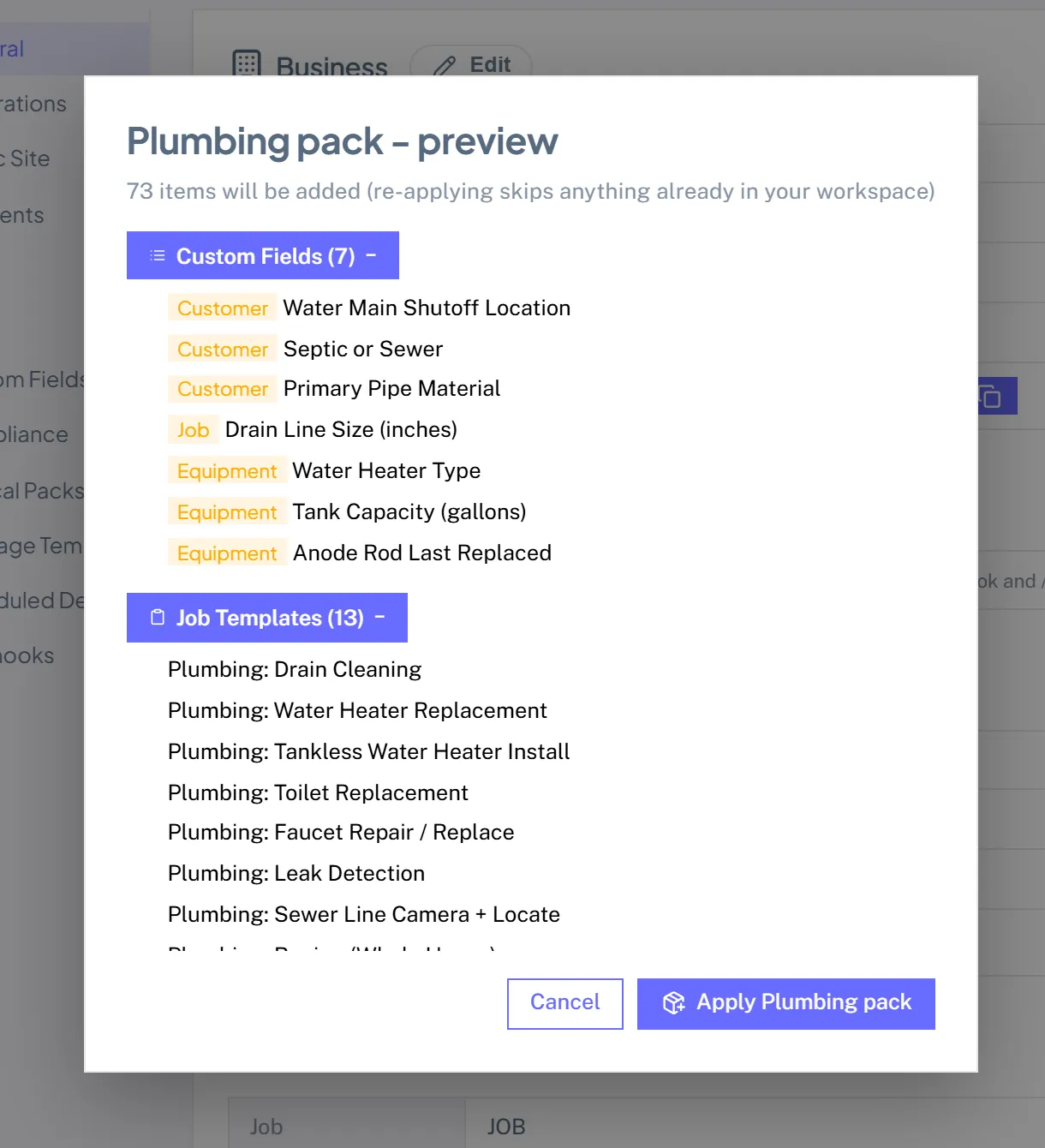 The Plumbing pack preview listing the custom fields, job templates, services, and checklists it will add