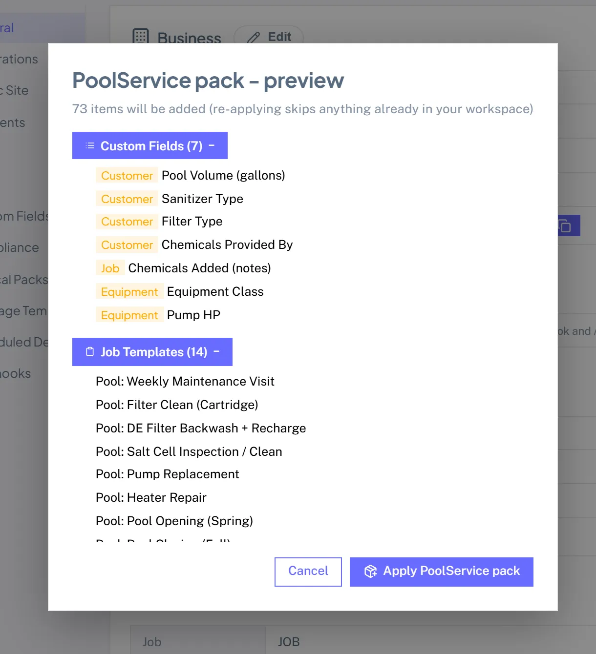 The PoolService pack preview listing the custom fields, job templates, services, and checklists it will add