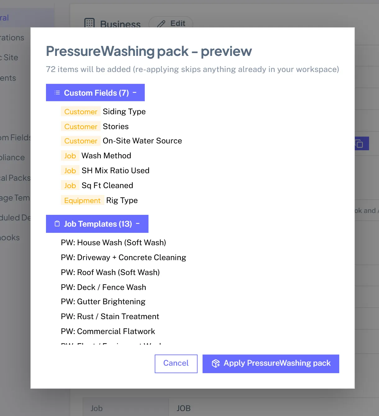 The PressureWashing pack preview listing the custom fields, job templates, services, and checklists it will add