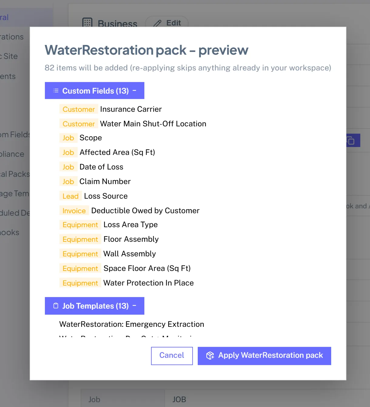 The WaterRestoration pack preview listing the custom fields, job templates, services, parts and checklists it will add